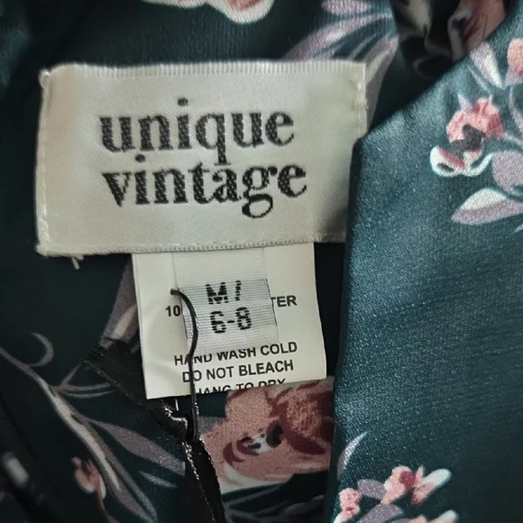 Unique Vintage Dark Green Floral Midi Dress - Picture 2 of 3
